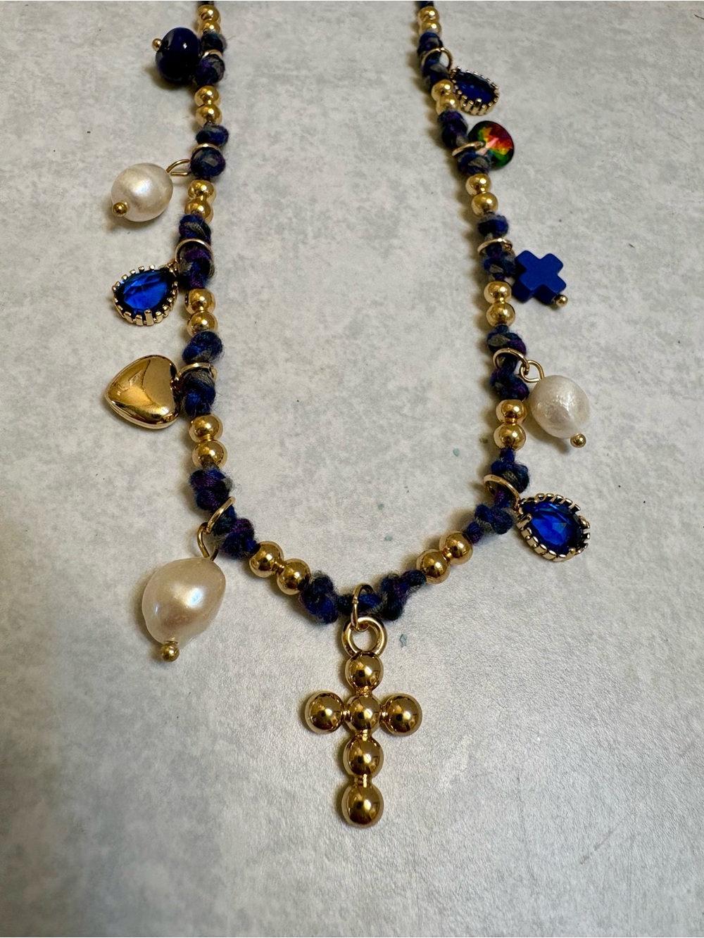 Gold & Navy Beaded Cross Charm Necklace with Blue and Pearl Accents
